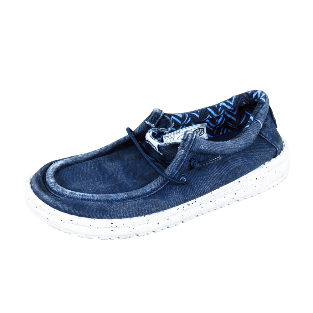 Hey Dude Wally Y Canvas Kids Moccasin Shoes Size 2 Daily Wear Navy Blue